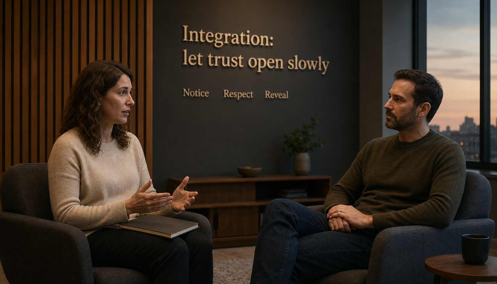 Modern listening room scene showing how trust opens slowly with Scorpio interest
