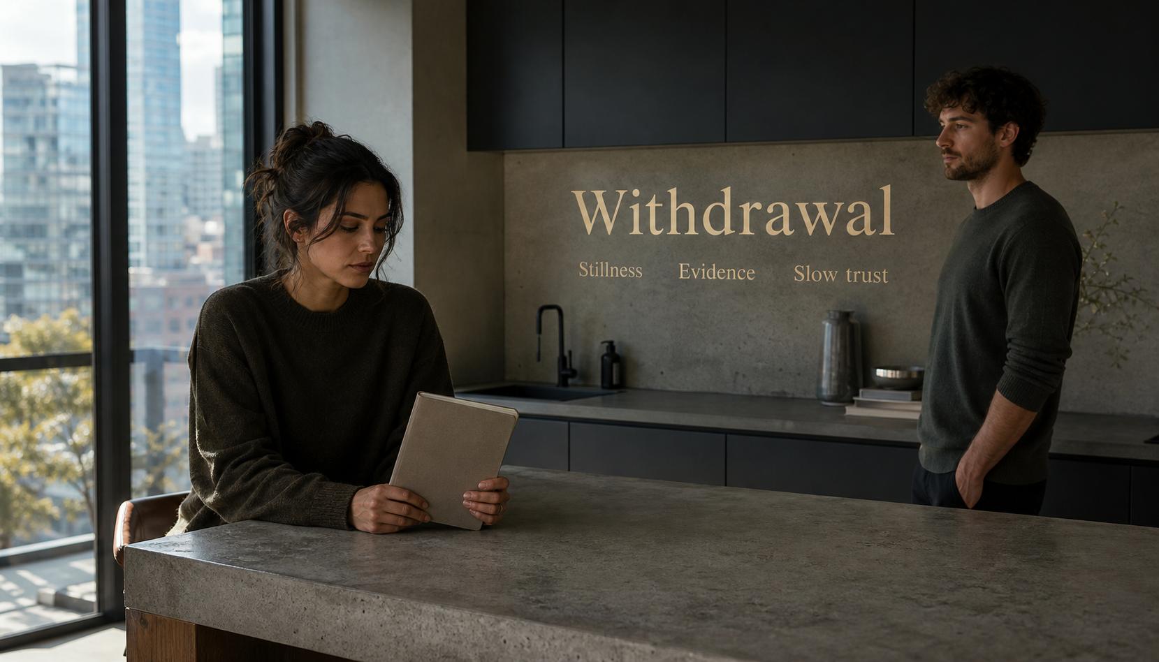 Modern kitchen scene showing Taurus withdrawal, stillness, and slow trust after hurt