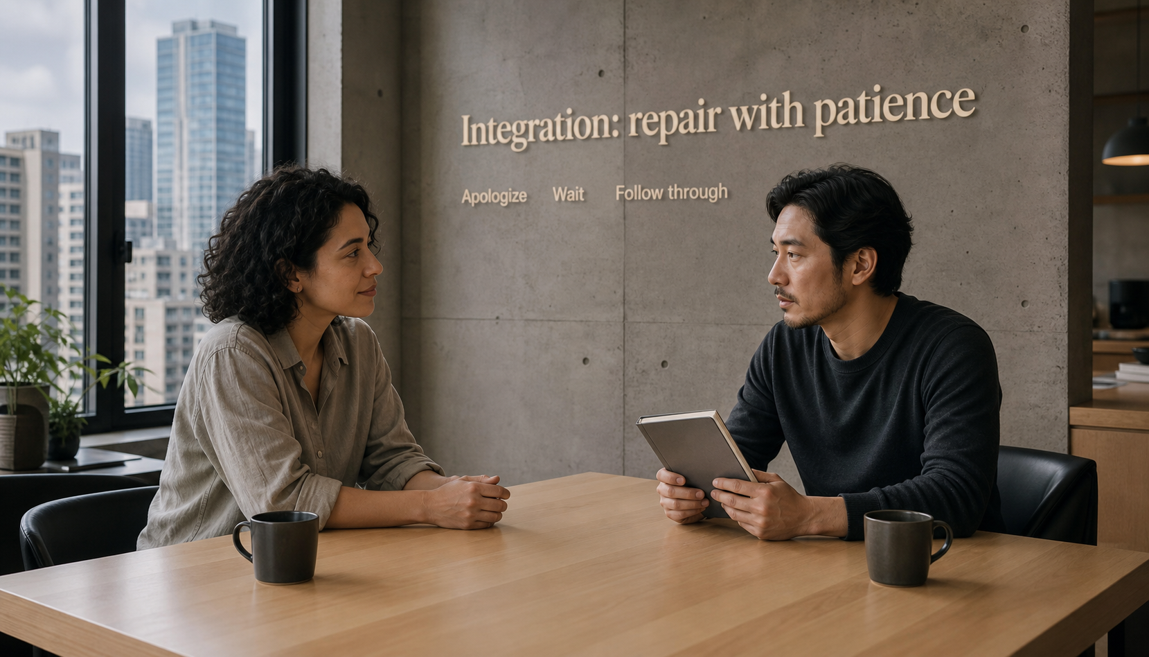Modern dining scene showing patient repair after hurting a Taurus