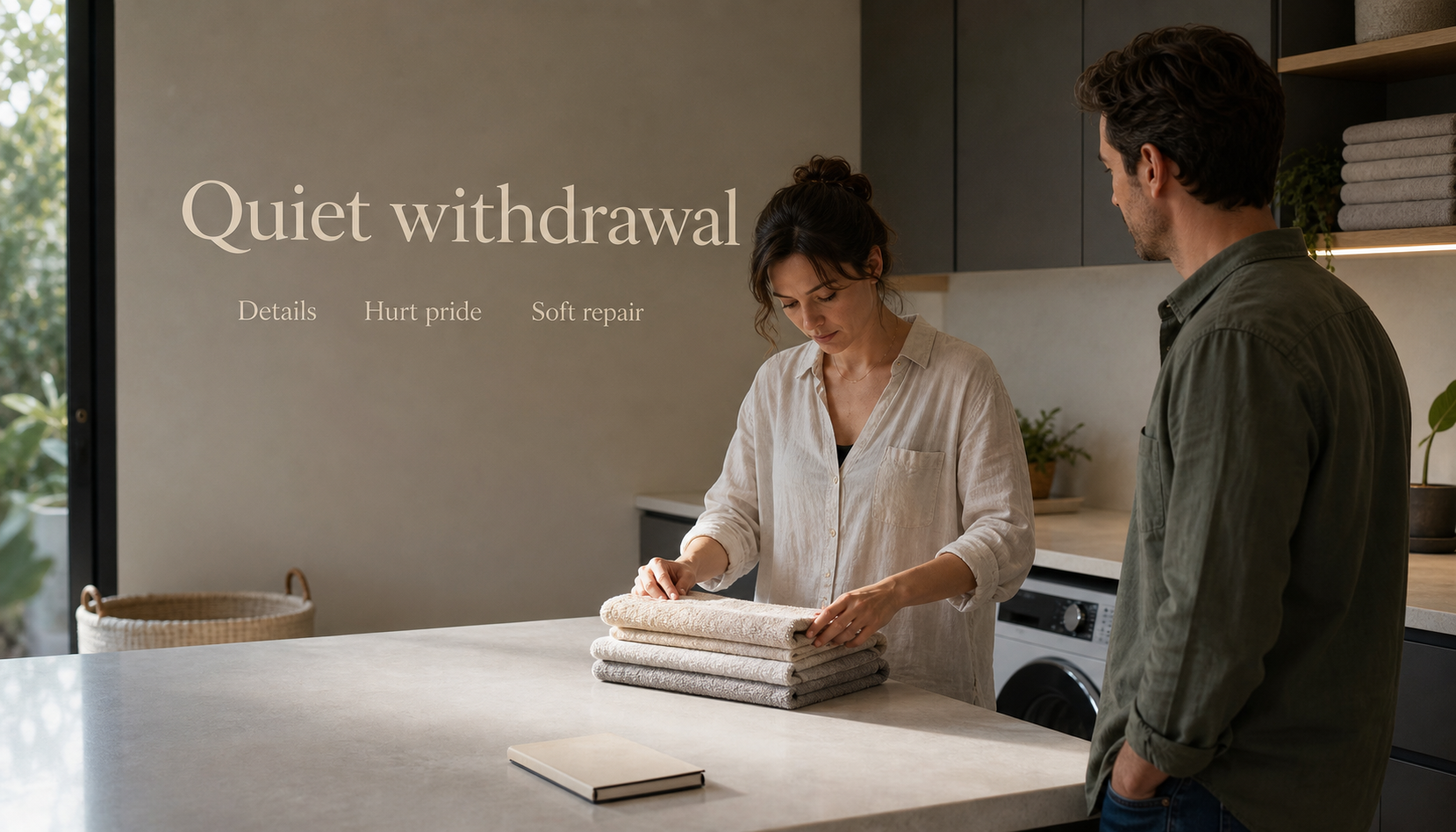Modern laundry room scene showing Virgo hurt through quiet withdrawal, details, and soft repair