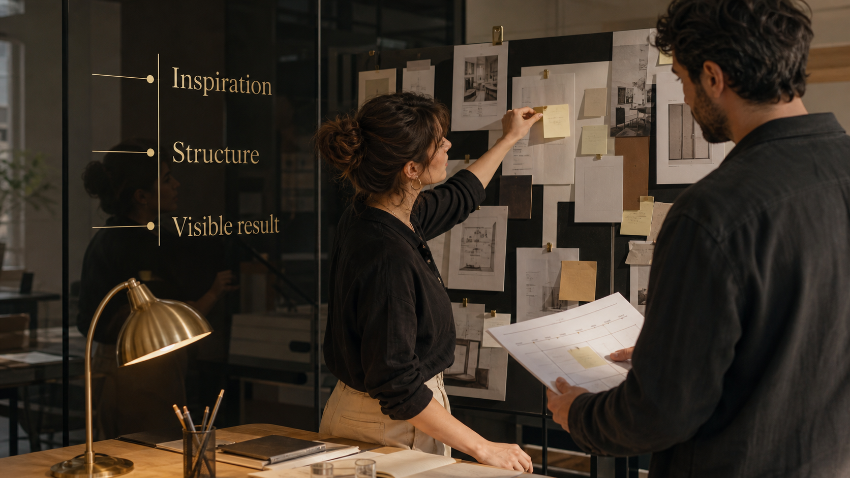 Two adults structure a creative plan with inspiration labels for Jupiter in Leo and Saturn-Neptune dreams