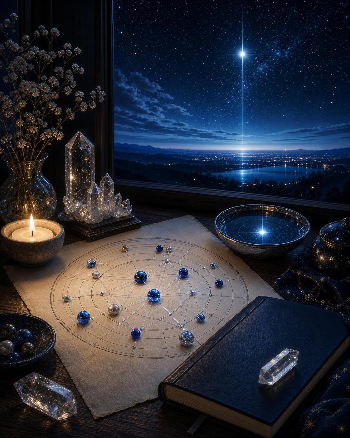 North Node in Aquarius integration image with chart wheel, journal, candle, crystal, and guiding blue star