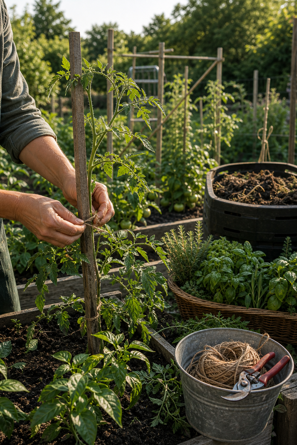 Garden structure and pruning with tomato plants tied to stakes, pruning shears, compost, twine, and raised beds