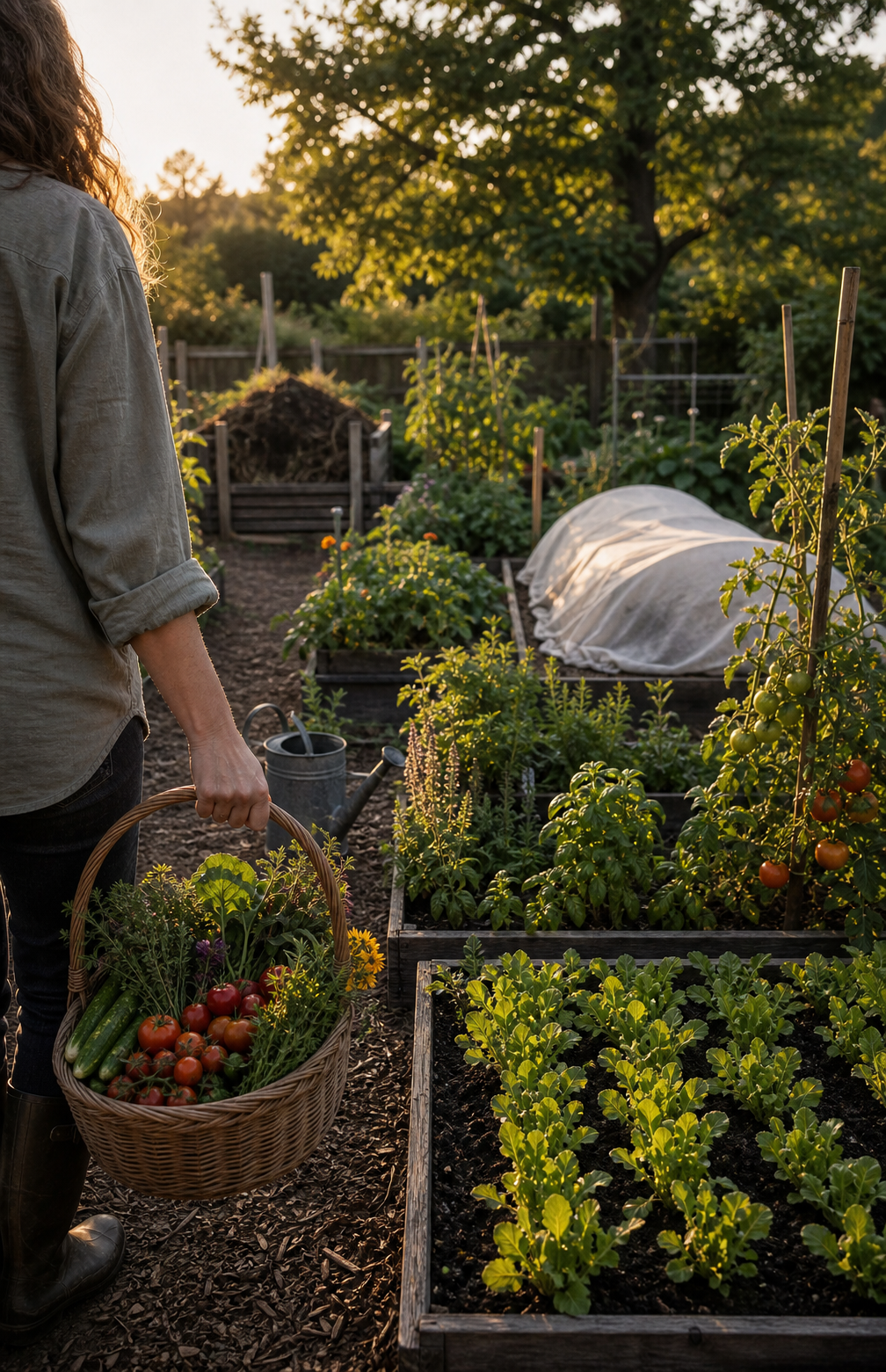Seasonal garden cycles with young seedlings, mature tomatoes and herbs, a resting covered bed, compost, and harvest basket