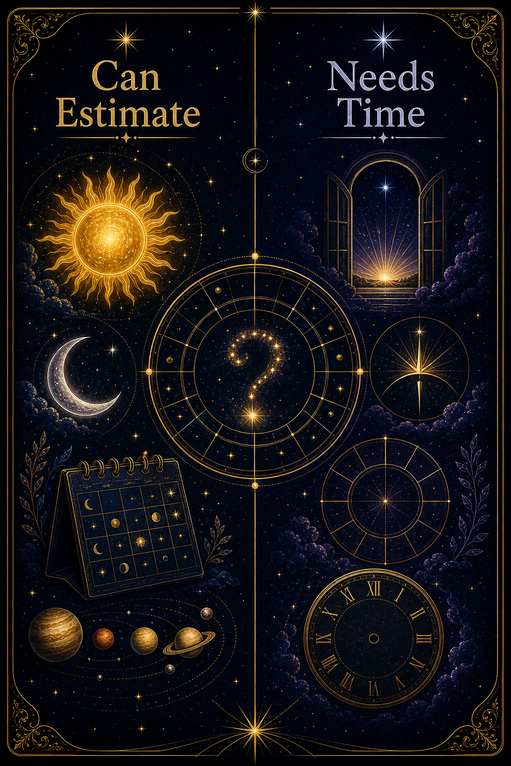 Astrology infographic showing what can be estimated without birth time and what needs exact time