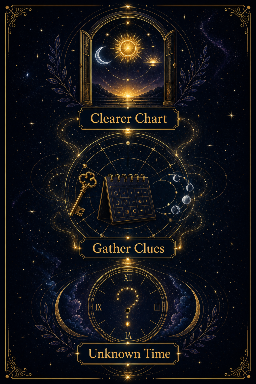 Unknown birth time to clearer chart infographic showing unknown time, gather clues, and clearer chart