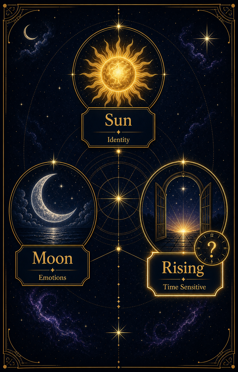 Big Three astrology overview with Sun, Moon, and Rising time sensitivity