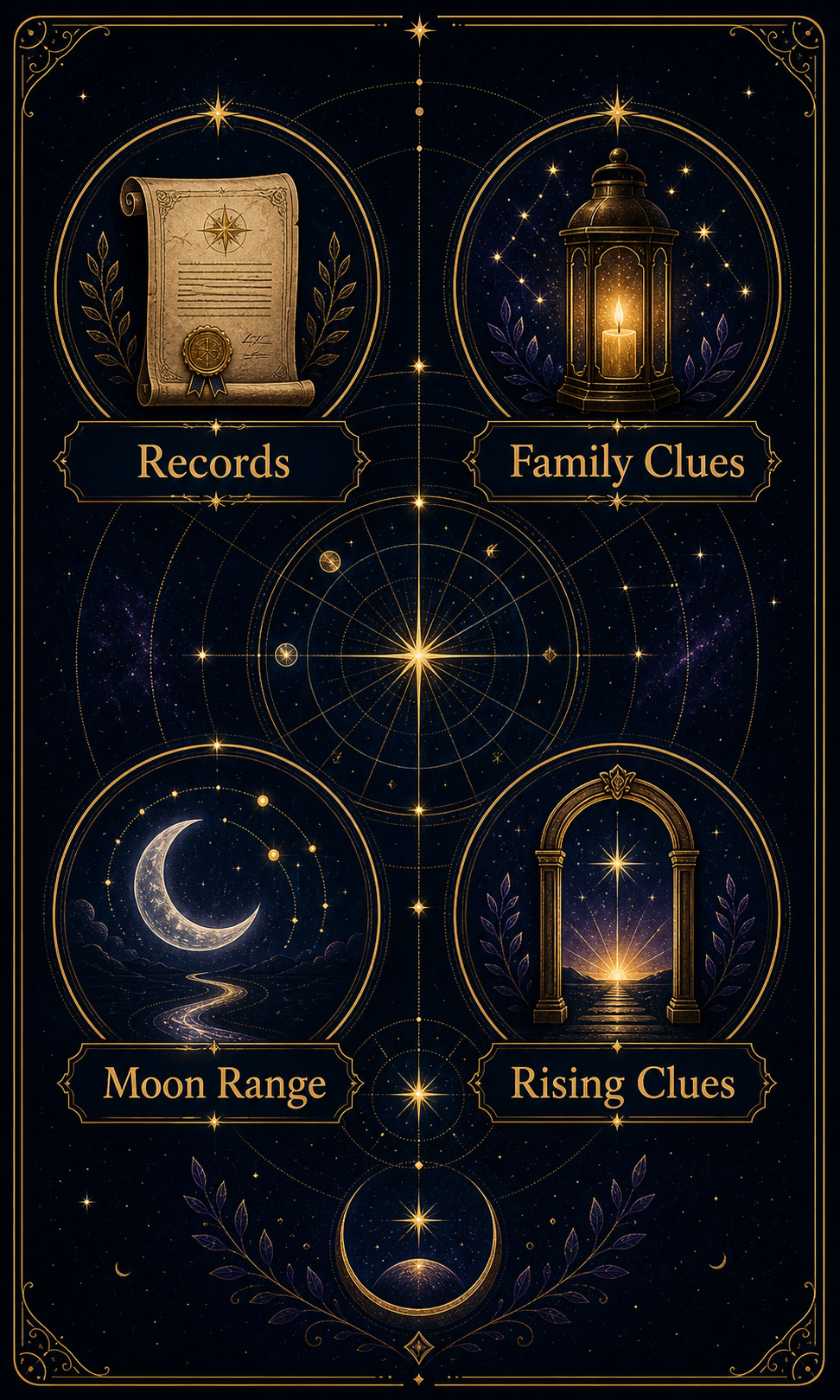 Missing birth time checklist infographic with records, family clues, moon range, and rising clues