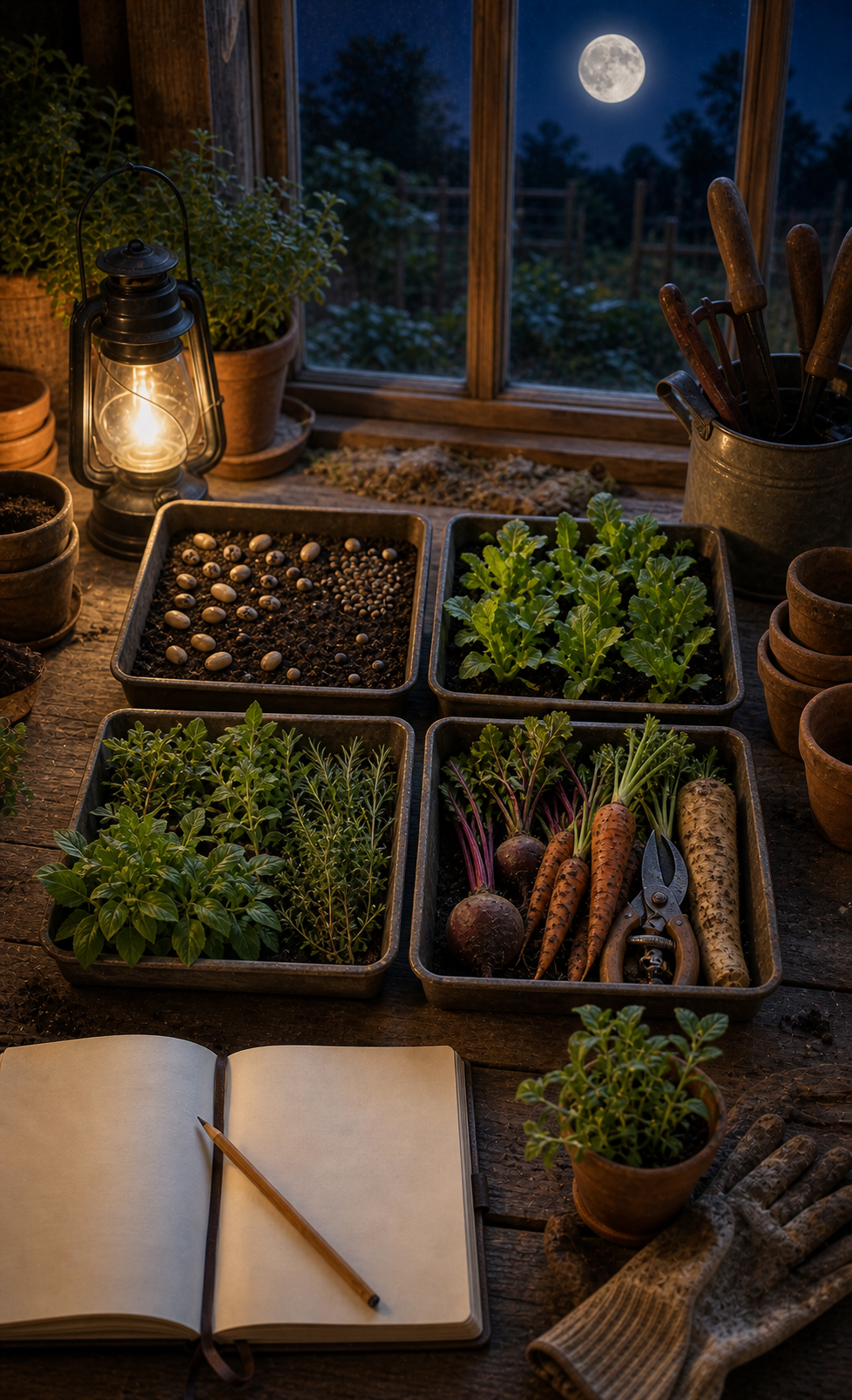 Four lunar gardening phase tasks shown with seed trays, leafy seedlings, herbs, root vegetables, and pruning tools