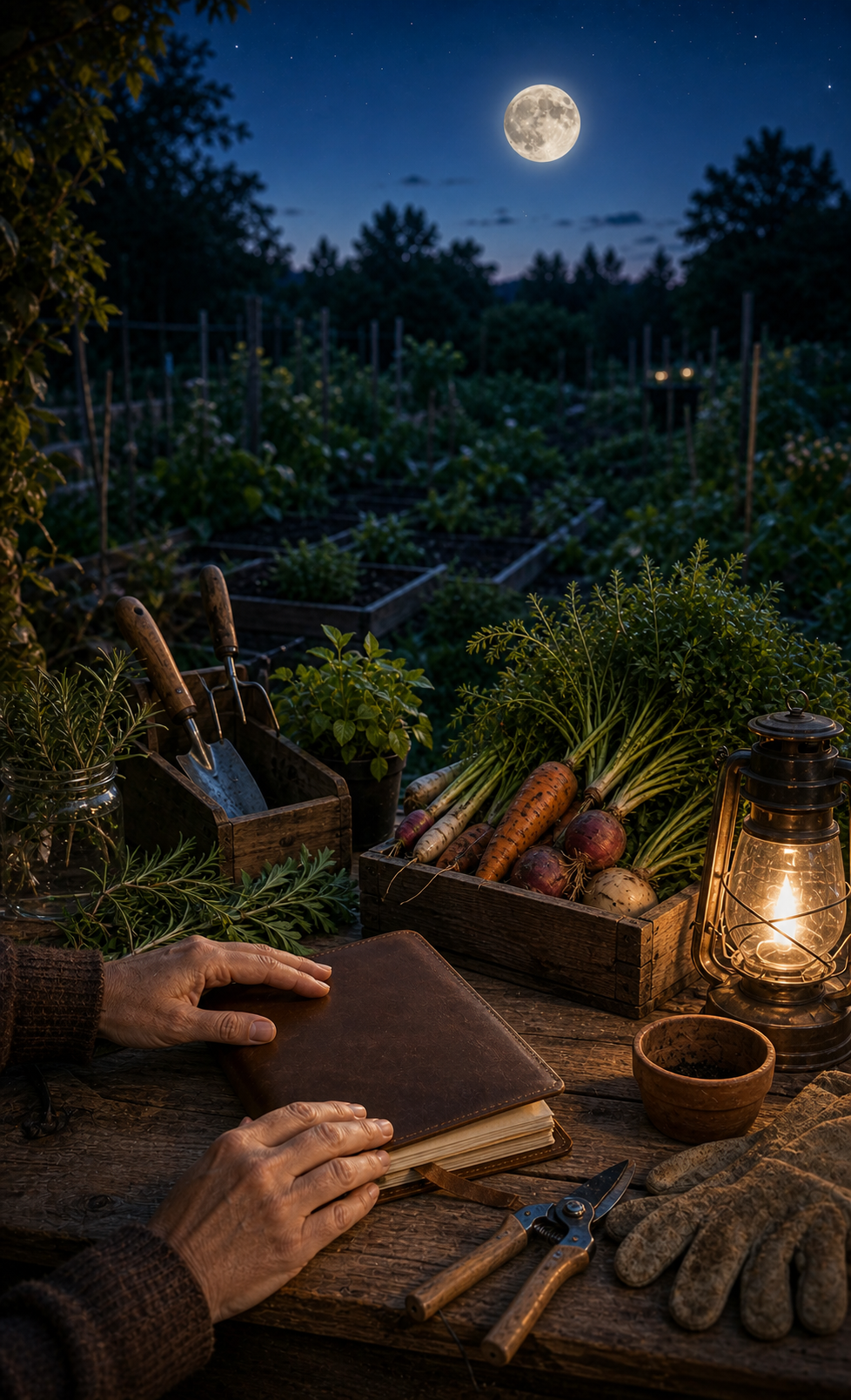 Moonlit garden routine with a blank notebook, harvested vegetables, herbs, cleaned tools, and a full moon over garden beds