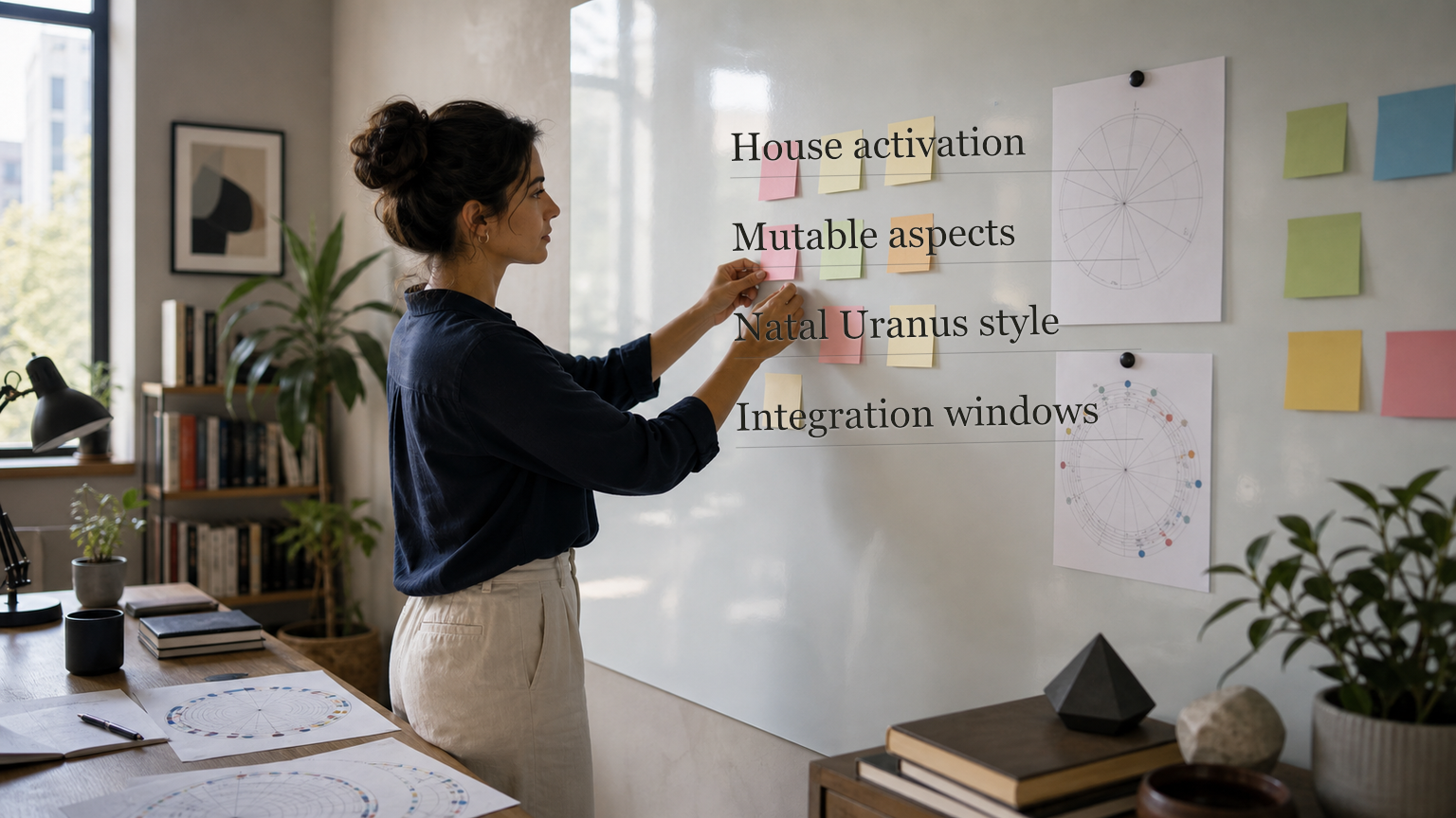 Consultant arranging notes on a whiteboard with Uranus in Gemini chart navigation themes