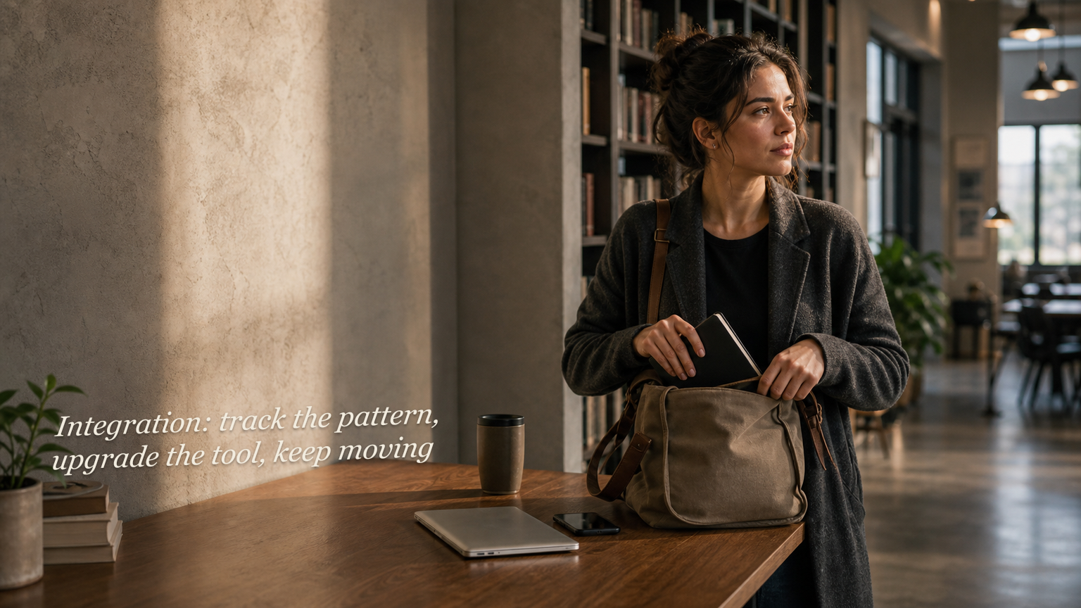 Person packing a bag at a coworking table with integration text angled across the surface