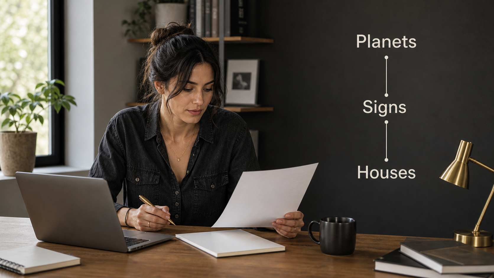A person studies planets signs and houses at a desk for a how to read your birth chart guide