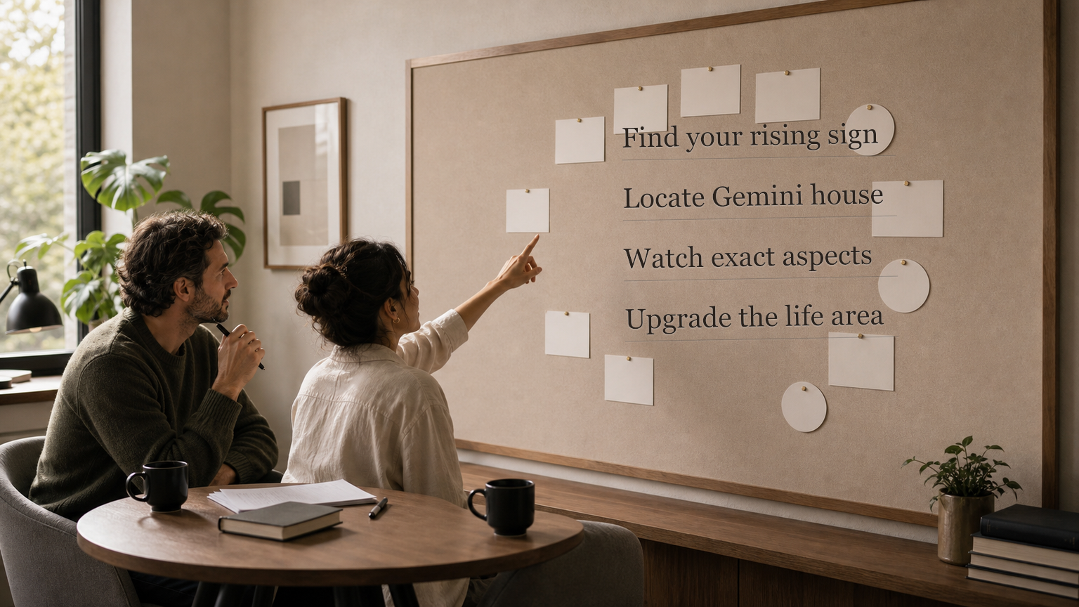 Consultation room with people reviewing a blank pinboard and Uranus in Gemini rising sign steps written on the surface