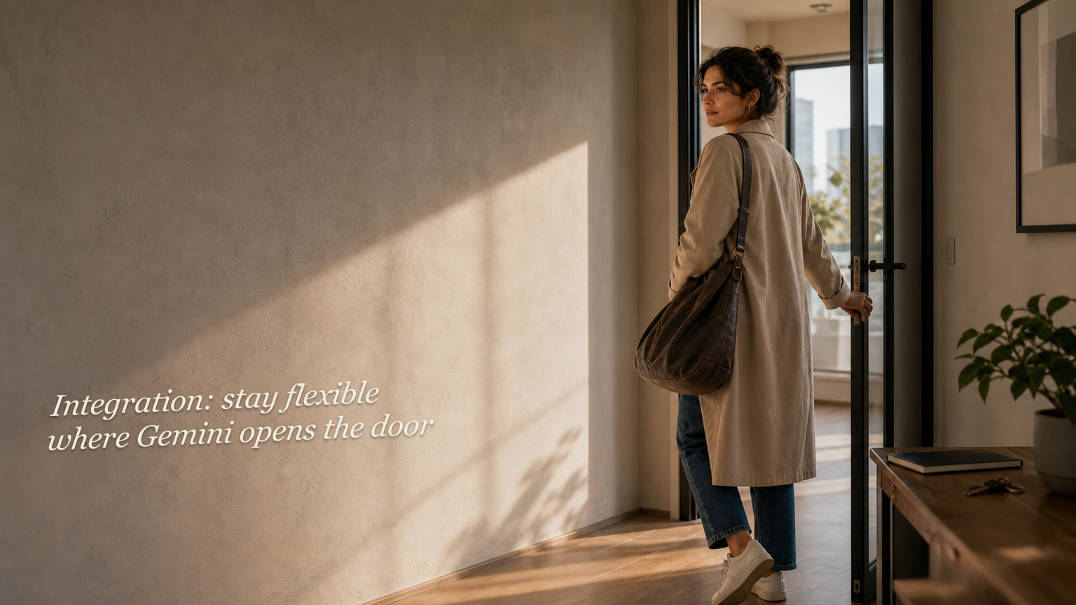 Person stepping through a doorway with integration text angled across the wall