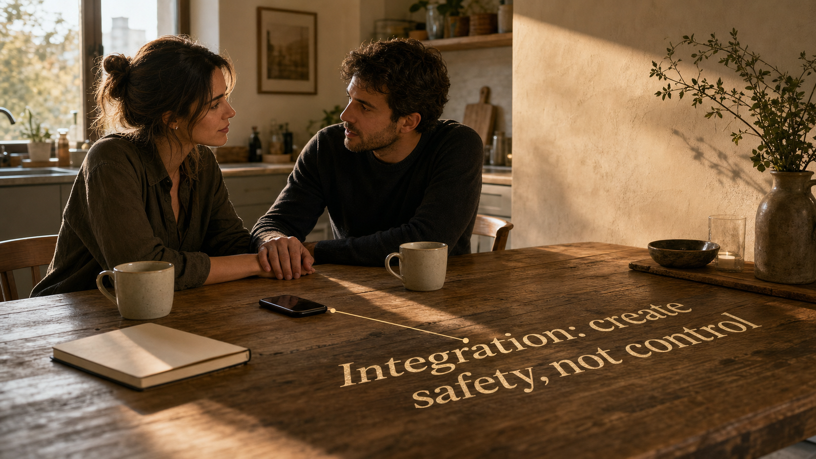 A couple repairing trust with the phrase Integration create safety not control on the table