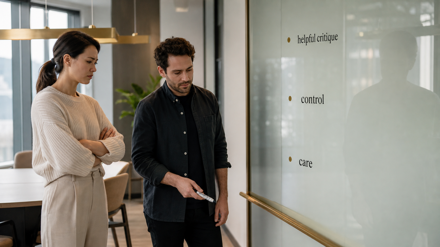 Design office scene showing the line between helpful critique control and care for Virgo criticism