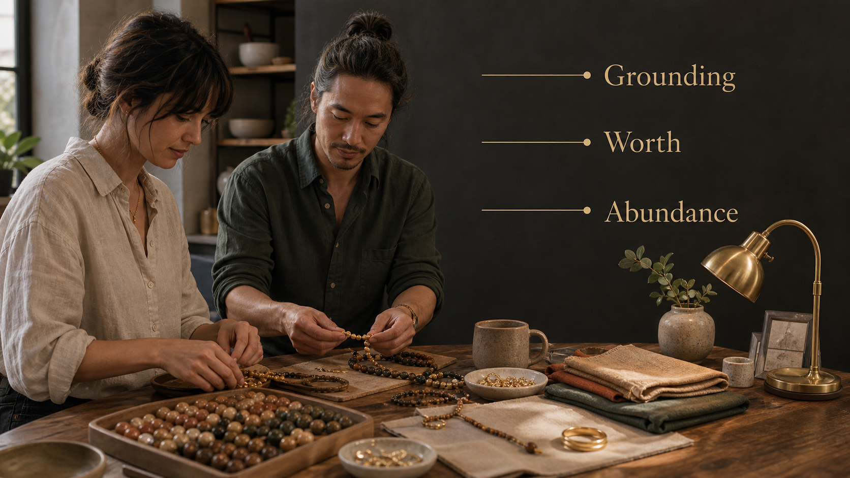 Two adults sort grounding materials with worth labels for Chiron in Taurus