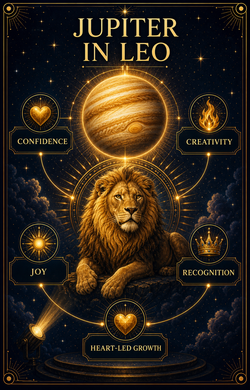Jupiter in Leo 2026 core concept infographic with confidence, creativity, joy, recognition, and heart-led growth