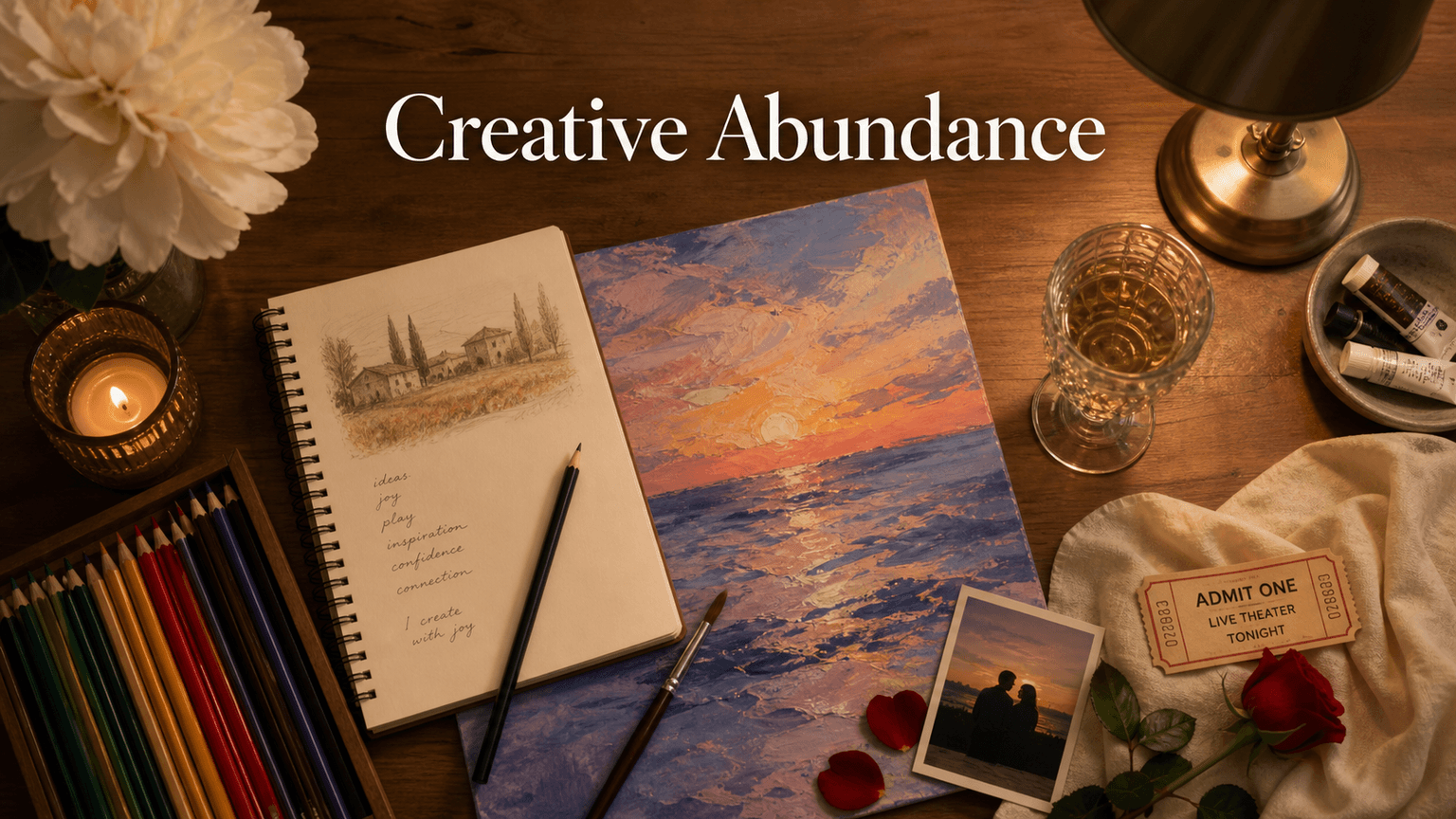 Jupiter in the 5th house infographic image showing creative abundance, romance, play, joy, and self-expression