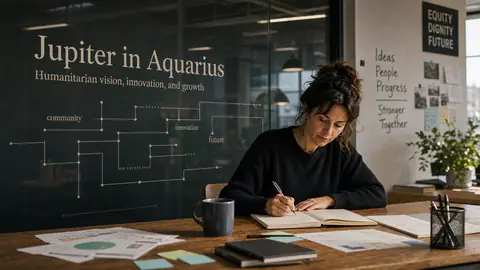 A person writing in a community innovation studio with Jupiter in Aquarius integrated into the glass wall