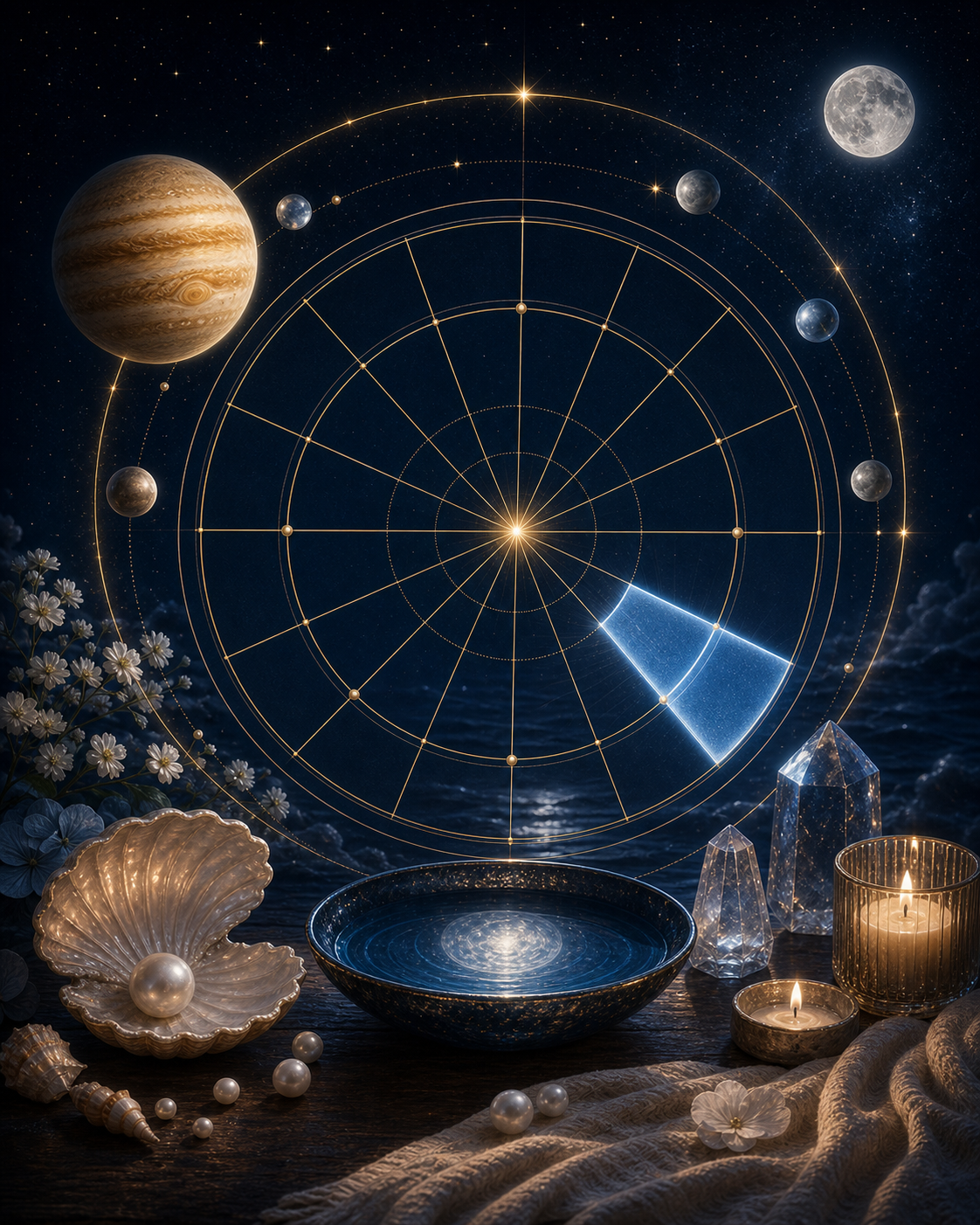 Jupiter in Cancer birth chart image with glowing house sector, shell, water bowl, and protective golden circle