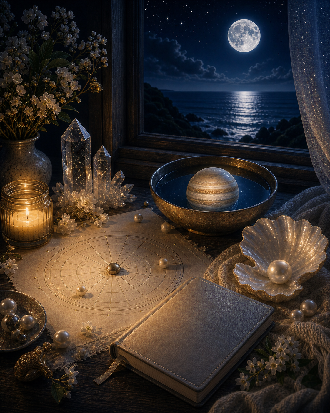 Jupiter in Cancer integration image with blank journal, candle, pearl shell, water reflection, and moonlit ocean window