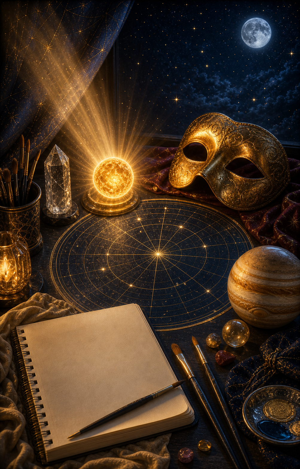 Jupiter in Leo creativity image with blank sketchbook, golden mask, sun orb, and unlabeled chart wheel