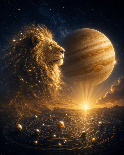 Jupiter in Leo 2026 confidence image with golden lion light, Jupiter-like planet, and clean chart wheel