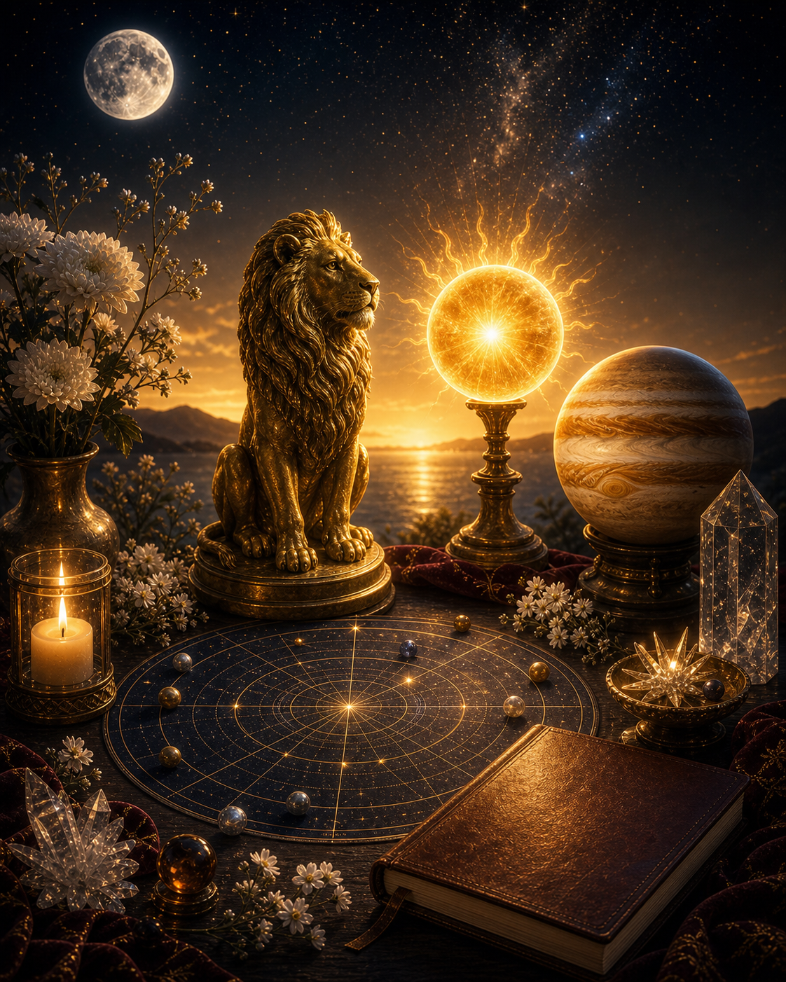 Jupiter in Leo integration image with lion statue, sun orb, Jupiter-like sphere, journal, candle, and flowers