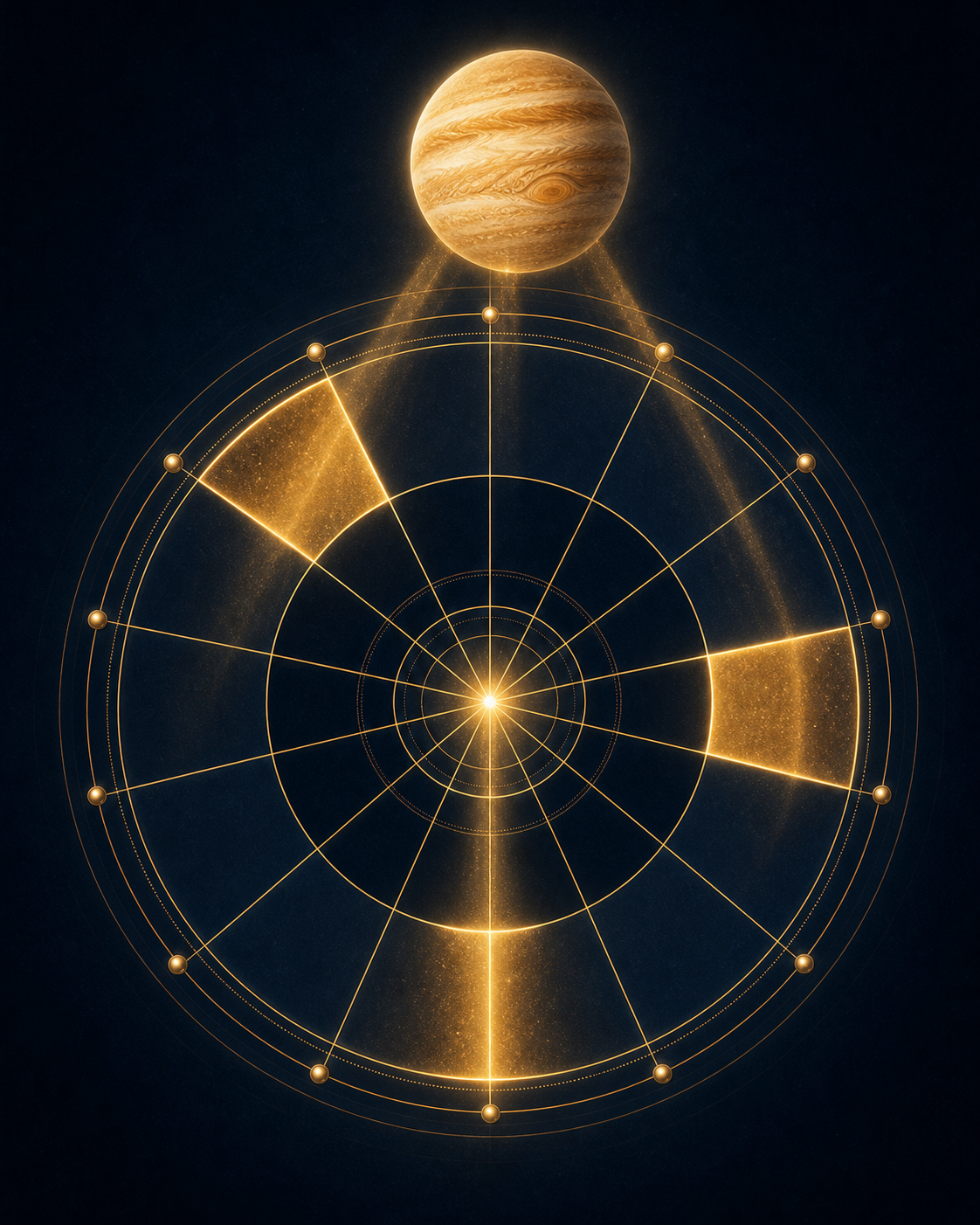 Jupiter in Leo rising sign chart image with glowing houses and a Jupiter-like orb illuminating a clean wheel