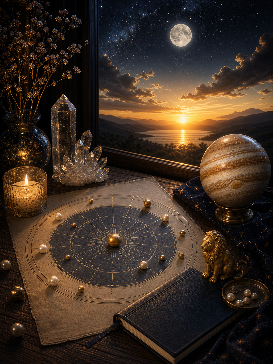 Jupiter in Leo rising sign integration image with blank journal, chart wheel, Jupiter sphere, lion charm, and candle