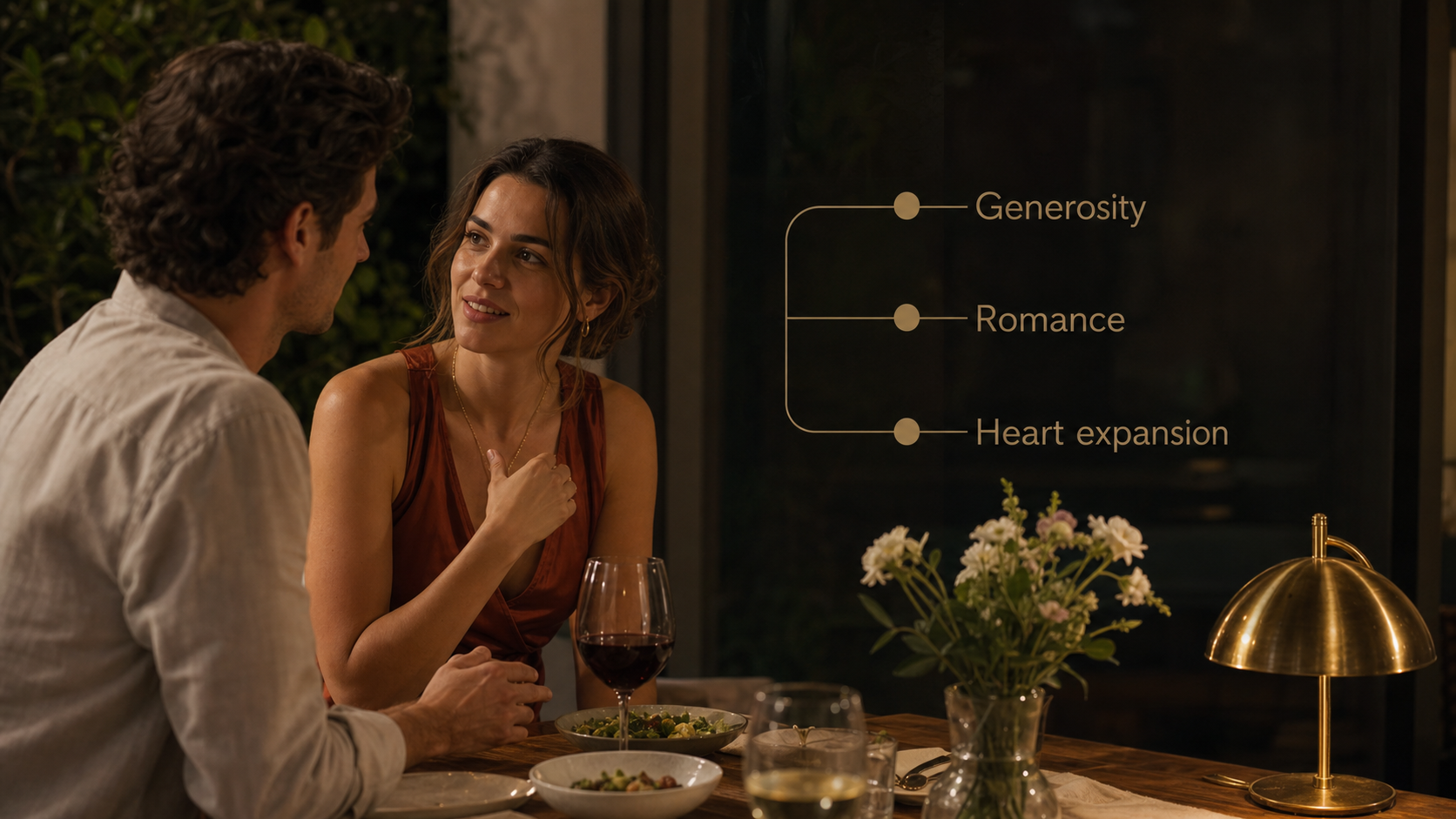 A couple shares a romantic conversation with generosity labels for Jupiter in Leo