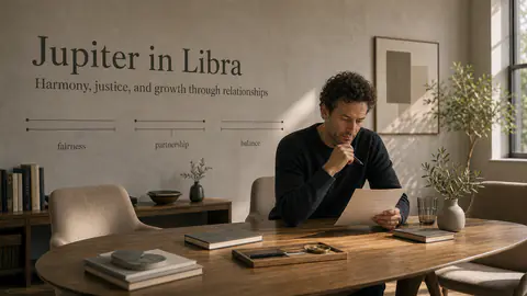 A person in a mediation room with Jupiter in Libra integrated into the wall