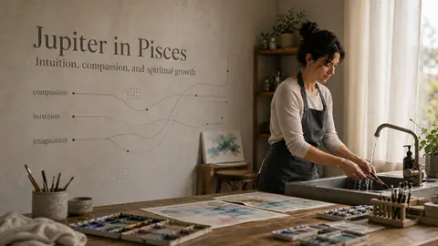A person working in an art therapy studio with Jupiter in Pisces integrated into the wall