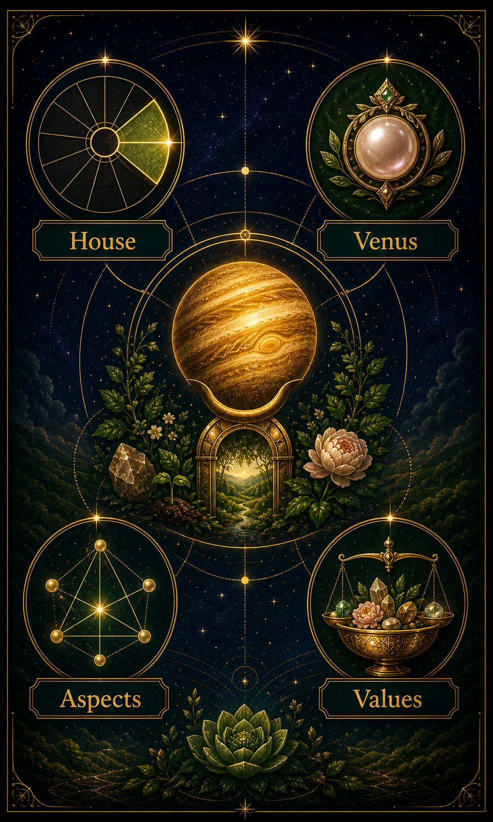 Jupiter in Taurus chart interpretation infographic with house, Venus, aspects, and values