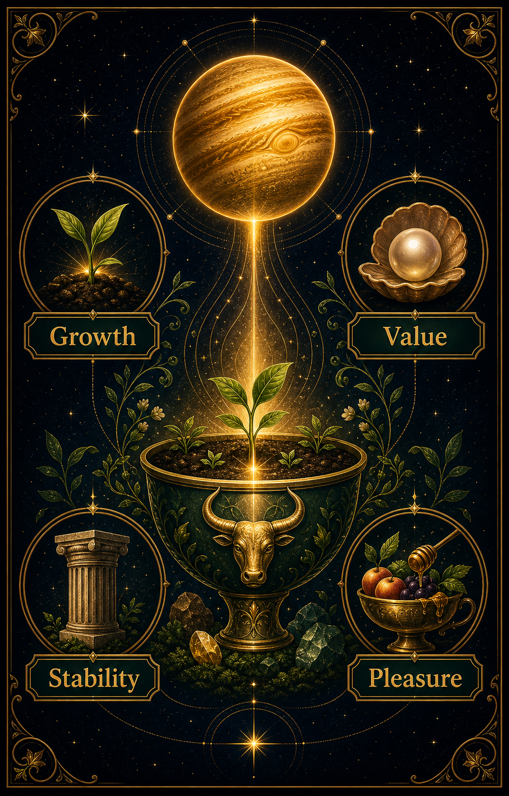 Jupiter in Taurus core concept infographic with growth, value, stability, and pleasure