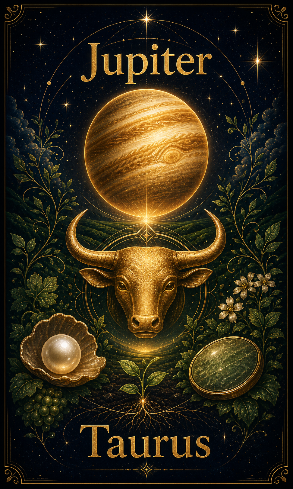 Jupiter in Taurus hero with golden Jupiter, Taurus bull, seed, Venus glow, and earthy abundance symbols
