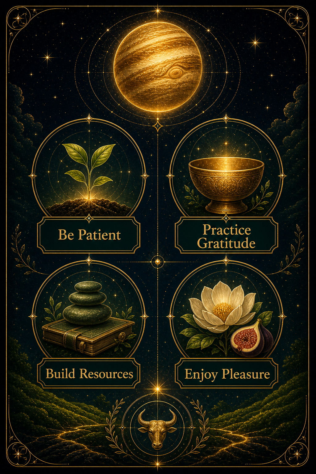 Jupiter in Taurus guidance infographic with patience, gratitude, resources, and pleasure