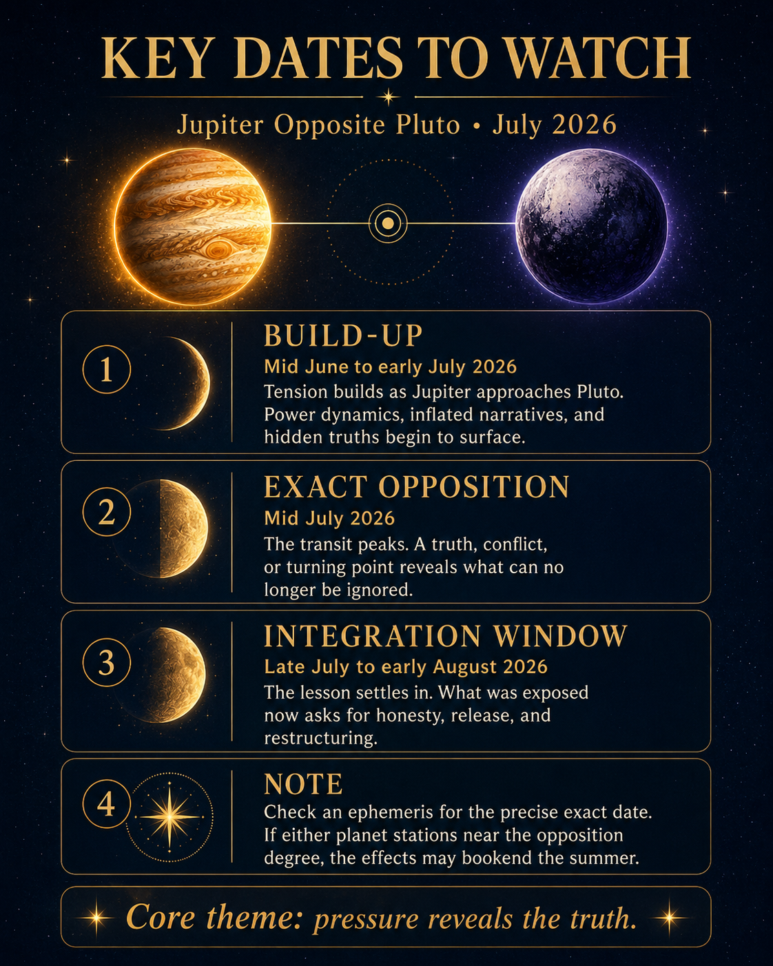 Jupiter Opposite Pluto July 2026: Power Struggles, Ego & Transformation for Every Sign - Timing and integration windows for Jupiter opposite Pluto