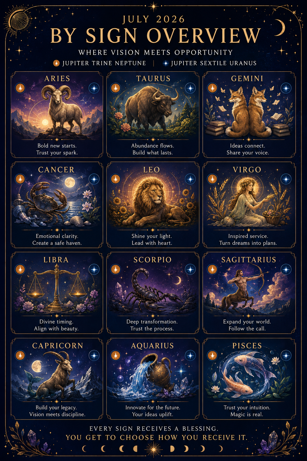 Jupiter Trine Neptune & Jupiter Sextile Uranus July 2026: Inspiration, Innovation & Unexpected Grace - How vision and opportunity support each other in July 2026