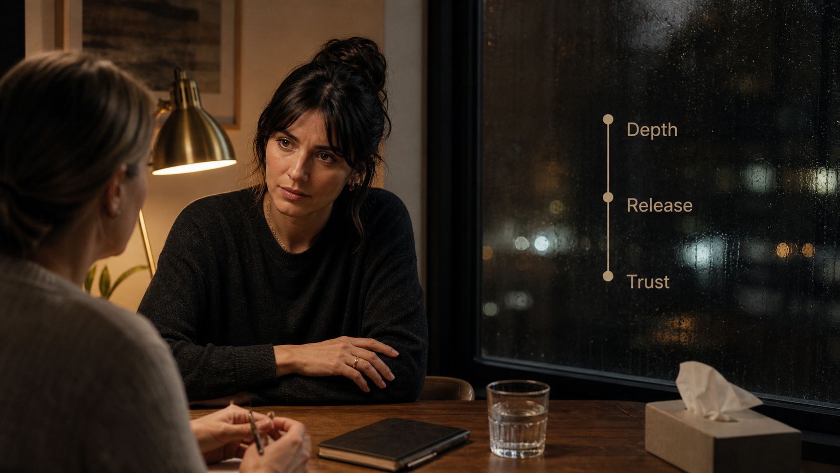 Two adults discuss deep emotions with release labels for Last Quarter Moon in Scorpio