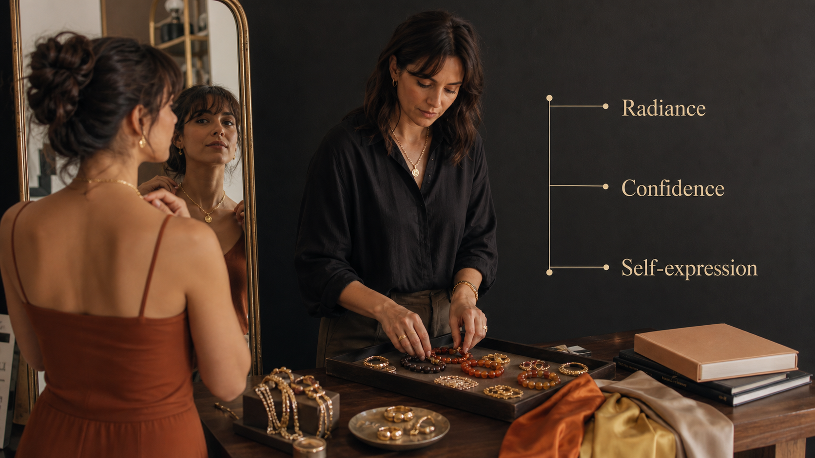 A jewelry display with radiance confidence and self-expression labels for Leo Season