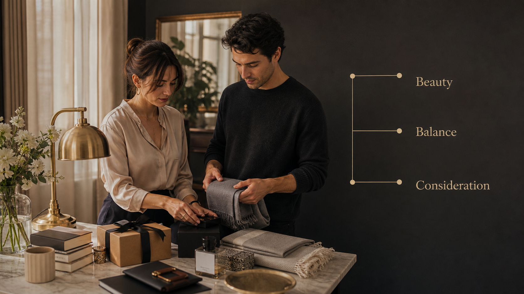 Two adults compare beauty balance and consideration in Libra gift choices