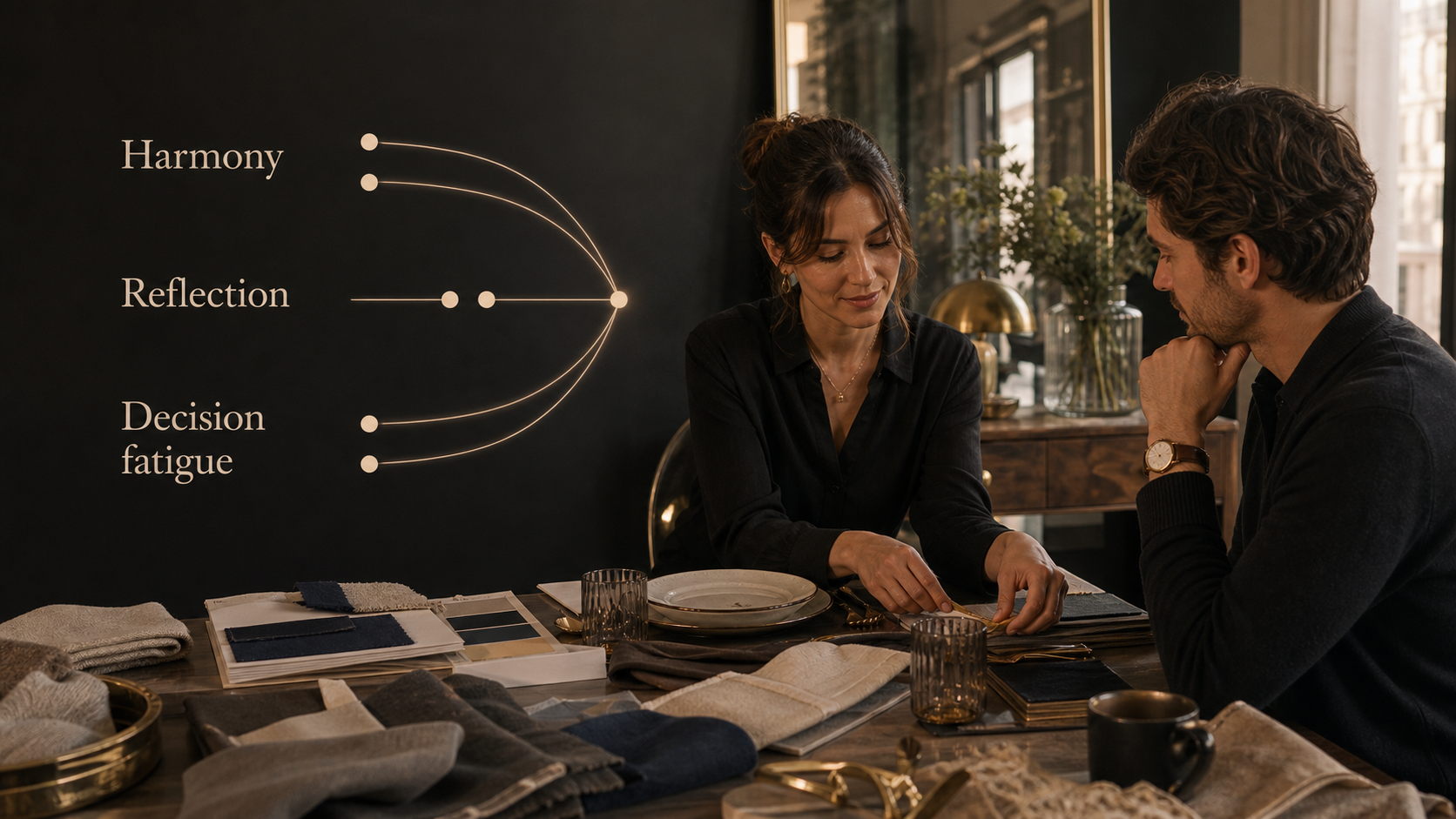 Two adults weigh harmony reflection and decision fatigue for Libra and Libra compatibility