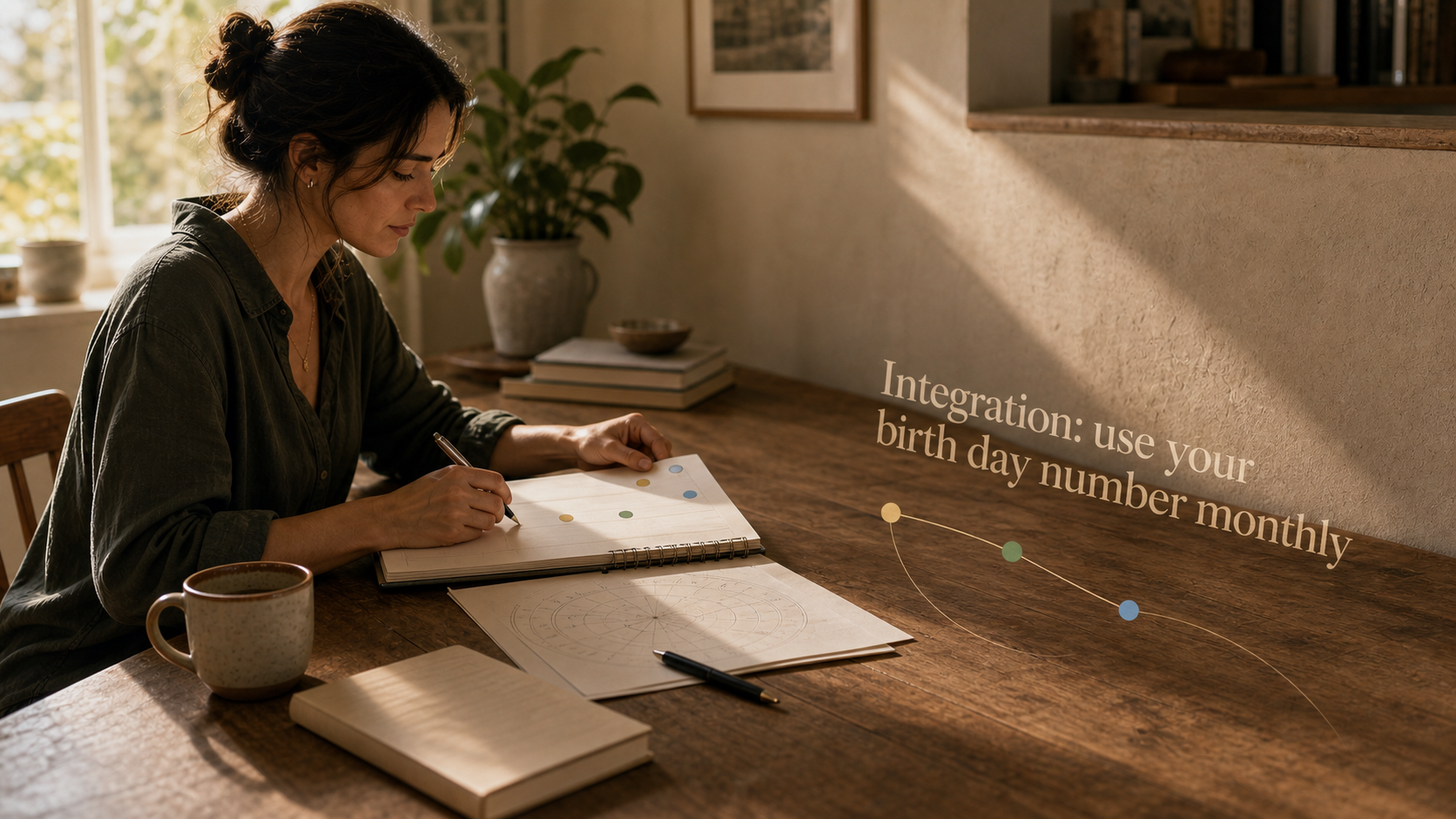 A person marking monthly calendar dates with the phrase Integration use your birth day number monthly on the table