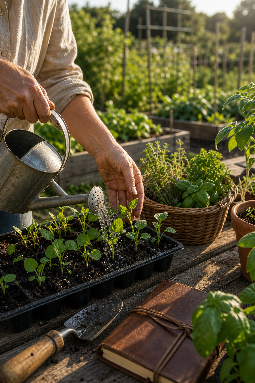 Waxing Moon tending scene with hands watering seedlings, young plants, a closed journal, and a morning garden