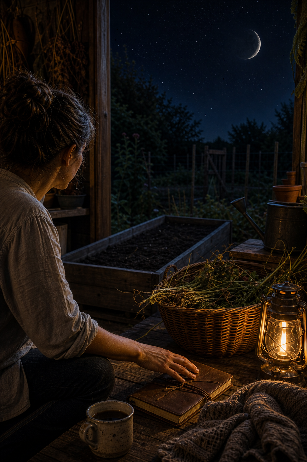 Waning Moon release and rest scene with a cleared garden bed, compost basket, tea, blanket, and closed journal