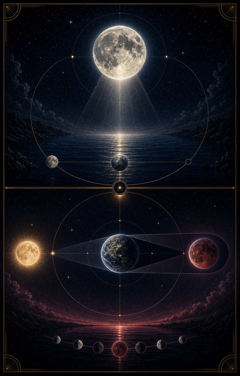 Lunar eclipse vs full moon image comparing a regular full moon with an Earth shadow lunar eclipse