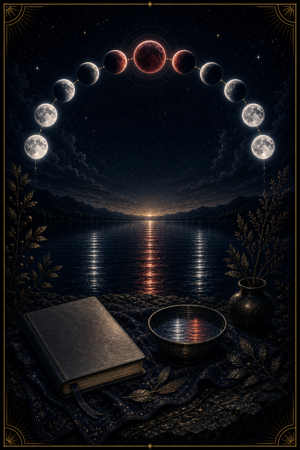 Lunar eclipse and full moon integration image with silver and red moonlight reflected in water